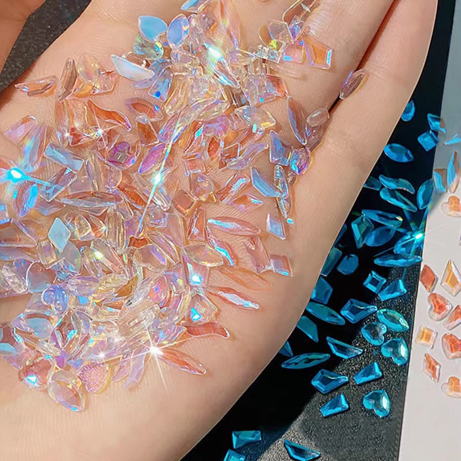 100Pcs Mixed Shape Aurora Glass Crystal Nail Art Rhinestones Nail Gems Iridescent Clear Nude Flatback Rhinestone Diamonds Stone for 3D DIY Nails Art Crafts Jewelry Decoration (Aurora Transparent)