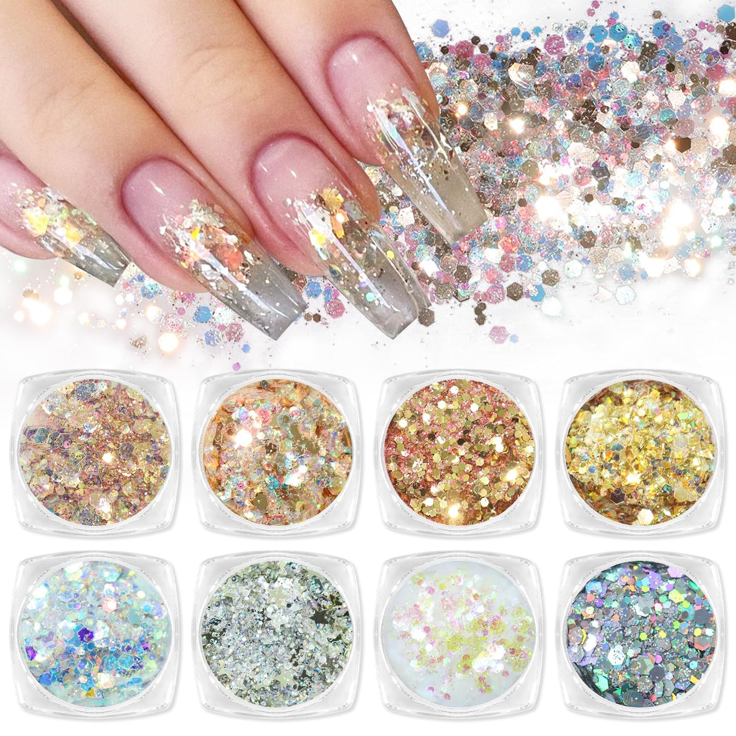 Laza 8 Colors Nail Art Glitter Diamond Dust Iridescent Nail Powder Chunky Glitter Confetti Foil Flakes Sequins for Nail Art Supplies, Gel Polish, Mermaid Makeup, Body, Resin - Dancing Sparkle