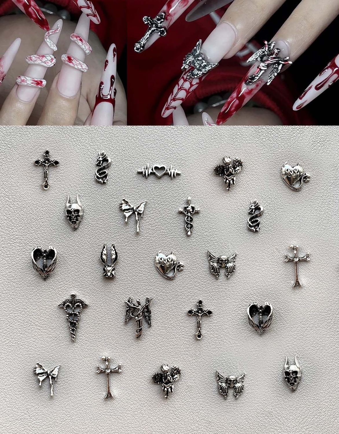 130pcs 3D Silver Goth Nail Charms Y2K Chrome Nails Art &amp; DIY Punk Bracelet Accessories, Vintage Alloy Cross Butterfly Heart Skull Acrylic Charm for Women Nails, Metal Necklace Supplies