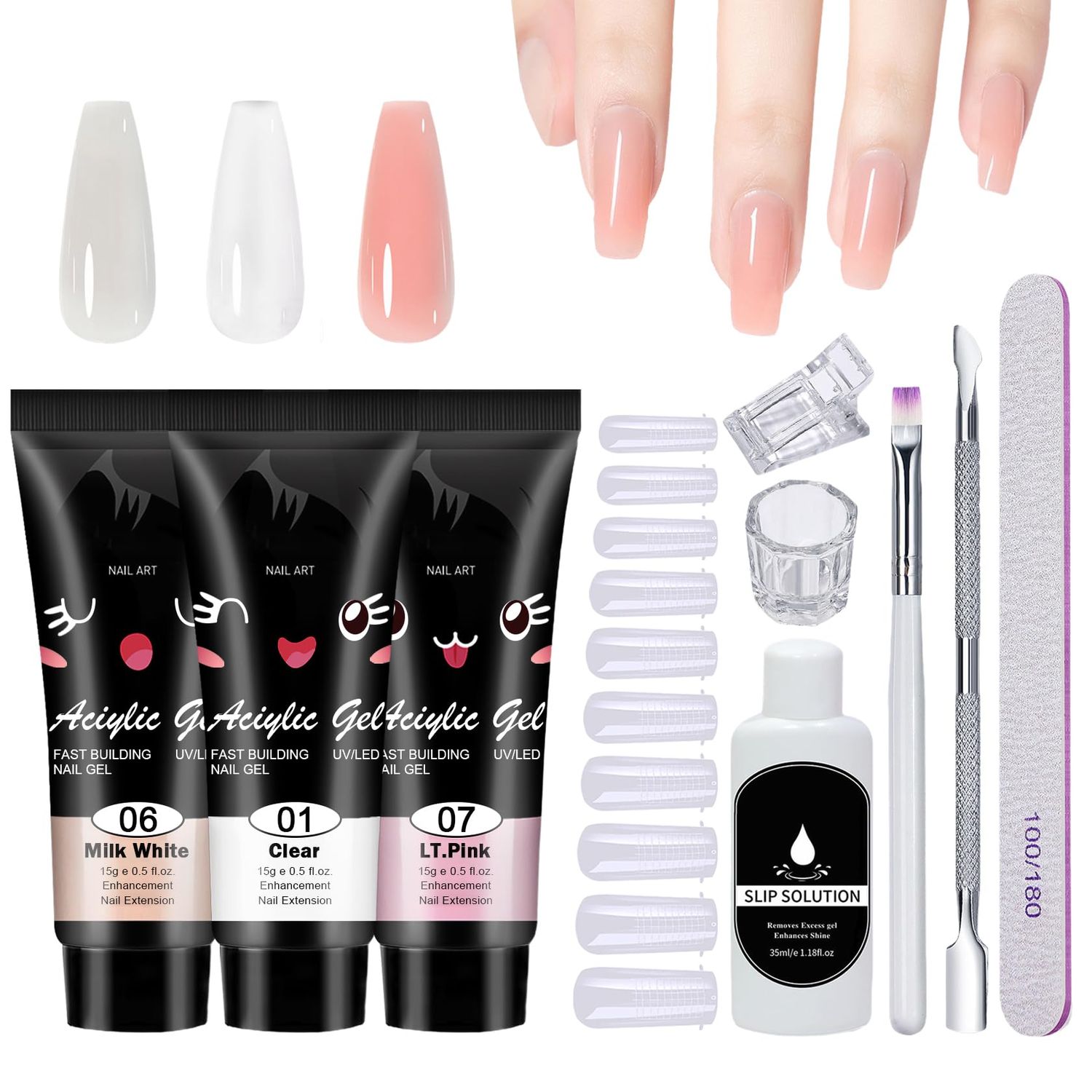 QIUFSSE Poly Nail Gel Kit,10PCS Poly gel Nail Kit Starter Kit,Clear White Pink Builder Nail Gel,Kit De Poly gel Para Uas Completo,with Slip Solution Dual Nail forms,Nail Clips for Poly Gel