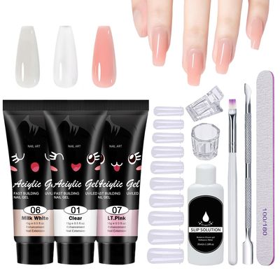 QIUFSSE Poly Nail Gel Kit,10PCS Poly gel Nail Kit Starter Kit,Clear White Pink Builder Nail Gel,Kit De Poly gel Para Uas Completo,with Slip Solution Dual Nail forms,Nail Clips for Poly Gel