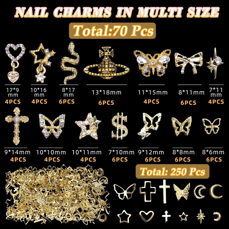 320 Pcs 3D Gold Nail Charms, Cross Snake Star Heart Dangle Nail Gems Charms, Bow Planet Dollar Butterfy Nail Gems for Alloy Nails, Rivet Nail Charms Rhinestones for Nails Art DIY Design