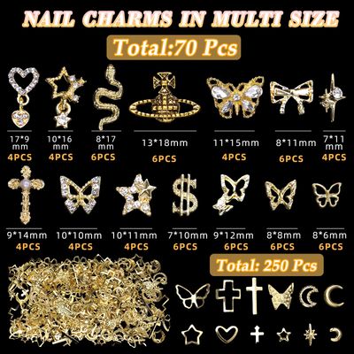 320 Pcs 3D Gold Nail Charms, Cross Snake Star Heart Dangle Nail Gems Charms, Bow Planet Dollar Butterfy Nail Gems for Alloy Nails, Rivet Nail Charms Rhinestones for Nails Art DIY Design