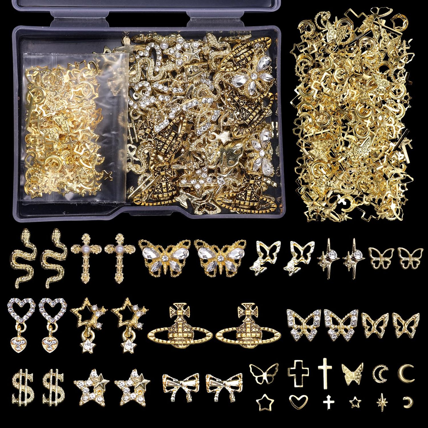 320 Pcs 3D Gold Nail Charms, Cross Snake Star Heart Dangle Nail Gems Charms, Bow Planet Dollar Butterfy Nail Gems for Alloy Nails, Rivet Nail Charms Rhinestones for Nails Art DIY Design