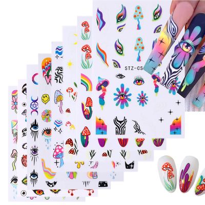 8 Sheets Rainbow Mushroom Eye Flower Nail Art Stickers Spring Summer Nail Stickers Cute Nail Decals for Nails Art 3D Self-Adhesive Nail Art Supplies for Women Girls