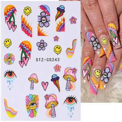 8 Sheets Rainbow Mushroom Eye Flower Nail Art Stickers Spring Summer Nail Stickers Cute Nail Decals for Nails Art 3D Self-Adhesive Nail Art Supplies for Women Girls