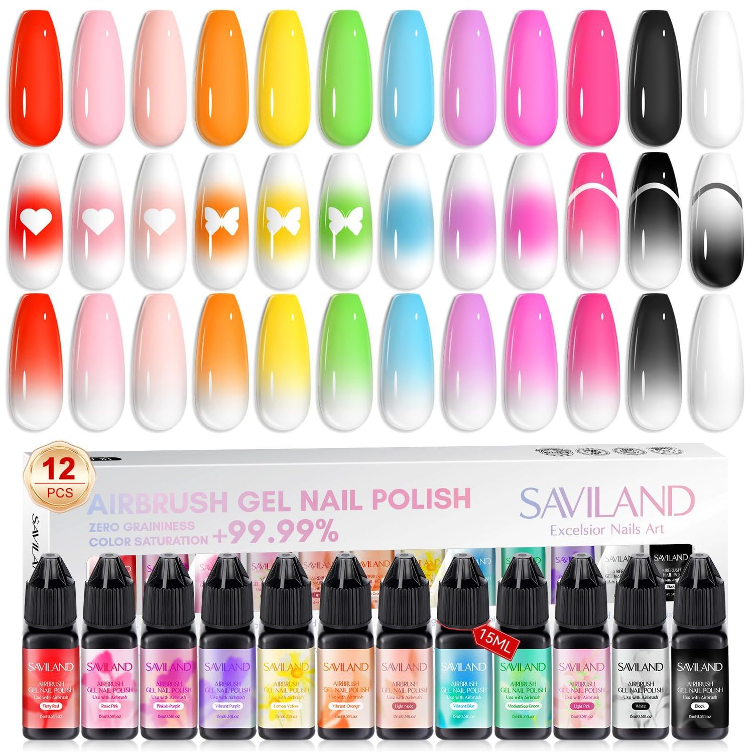 SAVILAND Airbrush Gel Nail Polish: 12 vitality Colors Set with Fine Mist Nail for Color Spray Perfect Nail Polish Nail Art Design