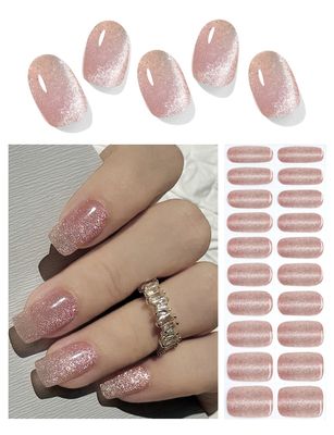 Wahrshei Semi Cured Gel Nail Strips, Nude Cat Eye 20pcs Gel Nail Stickers Work with UV, Gel Nail Wrapsfor Home Nail Art DIY, Easy to Use and Remove