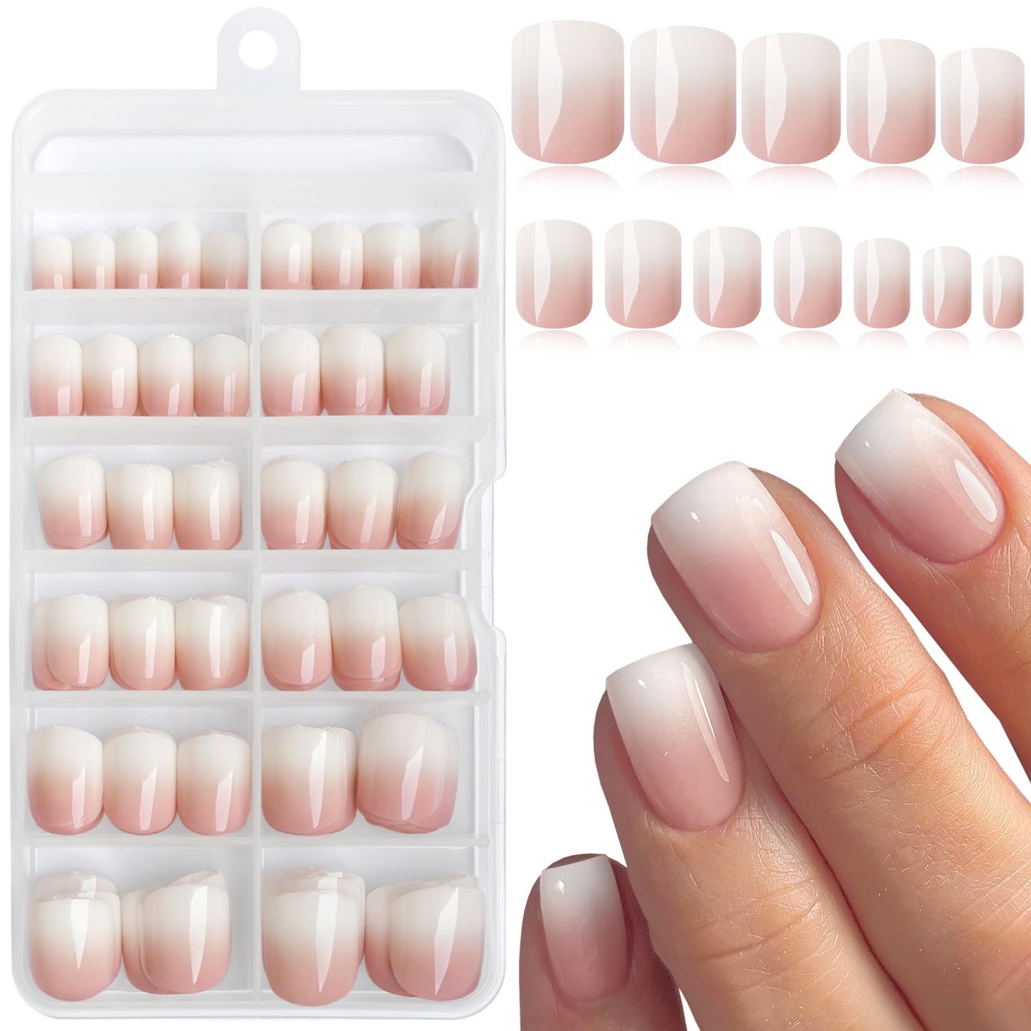 Bellelfin Ombre Press on Nails, Square Nude Short Nails Press ons Glossy Gradient False Nails Full Cover Acrylic Ombre Nails Press on for Women Girls, 240Pcs