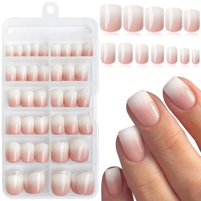 Bellelfin Ombre Press on Nails, Square Nude Short Nails Press ons Glossy Gradient False Nails Full Cover Acrylic Ombre Nails Press on for Women Girls, 240Pcs