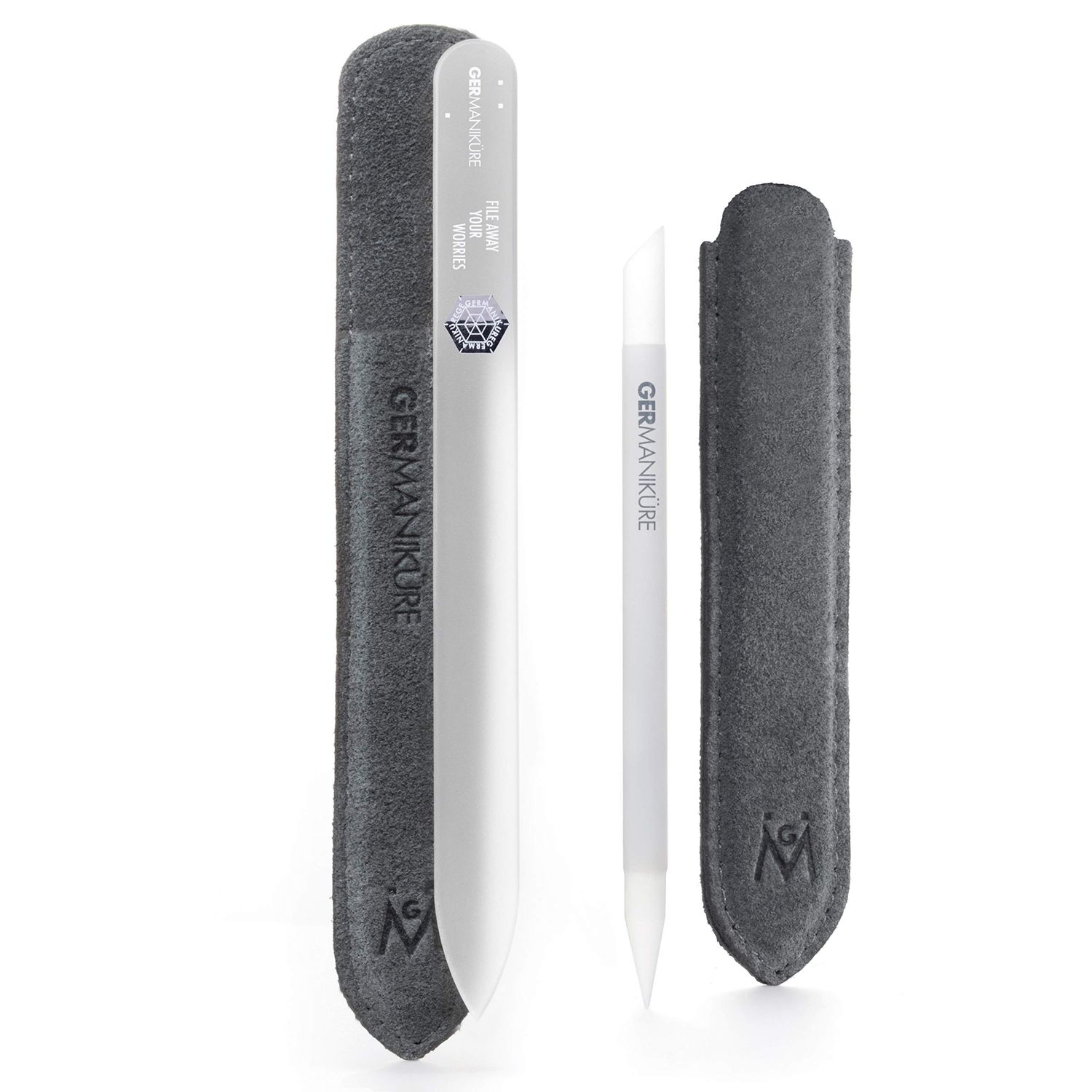 GERMANIKURE 2 Pc Glass Bundle - Crystal Glass Cuticle Stick &amp; File Away Your Worries Nail File in Suede Sleeves - Handmade in Czech Republic - Pro Manicure Supplies - Cuticle Pusher, Callous Remover