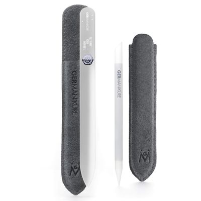 GERMANIKURE 2 Pc Glass Bundle - Crystal Glass Cuticle Stick &amp; File Away Your Worries Nail File in Suede Sleeves - Handmade in Czech Republic - Pro Manicure Supplies - Cuticle Pusher, Callous Remover