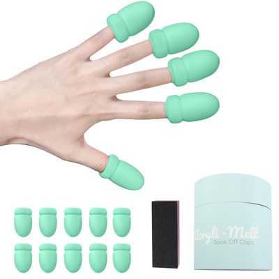Gel Polish Remover Refill Kits for Nails, 2-in-1 Green Nail Polish Remover Set with 10PCS Soak Off Caps &amp; Nail Buffer Block - Quickly Removes Poly Gel &amp; Acrylic Nails (Green Short)