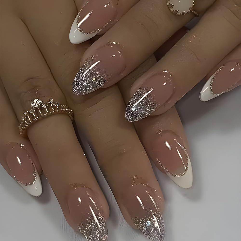 White French Tip Press on Nails with Glitter Designs Medium Almond Shaped Fake Nails Sparkly False Nails Full Cover Glitter Cute Acrylic Nails Glossy Artificial Nails for Women Manicure 24Pcs