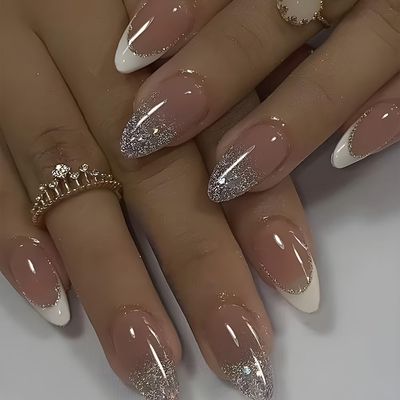White French Tip Press on Nails with Glitter Designs Medium Almond Shaped Fake Nails Sparkly False Nails Full Cover Glitter Cute Acrylic Nails Glossy Artificial Nails for Women Manicure 24Pcs