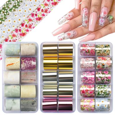 LoveOurHome 30 Sheet Metallic Nail Foils Sticker Marble Transfer Nail Foil Sticker Decals Flower Transfer Foils Stickers Wrap Gold Silver Foil Wraps Acrylic Nail Supplies for Crafts Nails Design