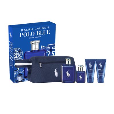 RALPH LAUREN FRAGRANCES Polo Blue Eau de Toilette - Mens Cologne Gift Set- Aquatic &amp; Fresh - With Citrus, Sage, and Suede - Contains Full Size &amp; Travel Size Fragrances, Aftershave, Hair Body Wash,...