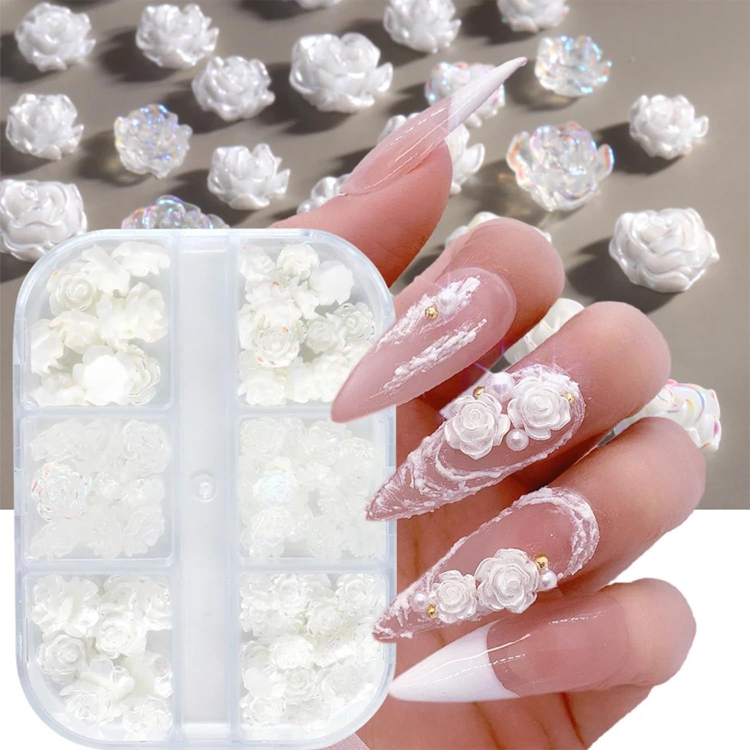 Tyuimhx Flowers Nail Charms 3D Resin White &amp; Aurora Clear Rose Designs Nail Art Charms for Acrylic Nails Flatback Floral Nail Supplies for Women DIY Manicure Decorations Crafts (6 Grids)
