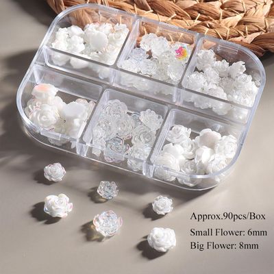 Tyuimhx Flowers Nail Charms 3D Resin White &amp; Aurora Clear Rose Designs Nail Art Charms for Acrylic Nails Flatback Floral Nail Supplies for Women DIY Manicure Decorations Crafts (6 Grids)