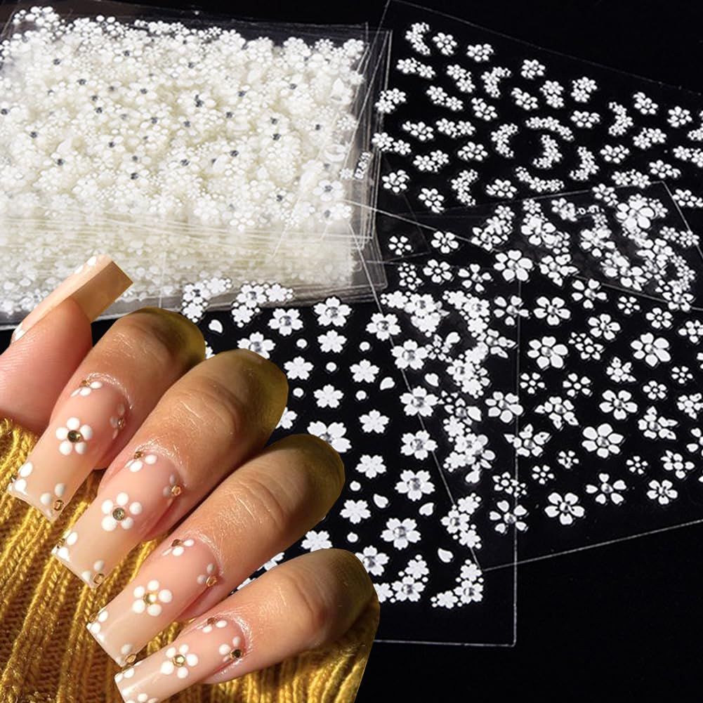 30Pcs/Set Glitter White Flower Nail Art Stickers, Small Floral Self Adhesive Nail Decals Nail Supplies White Flowers with Rhinestones Design- 3D Nail Stickers Wedding Foils for Woman Charm Decoration