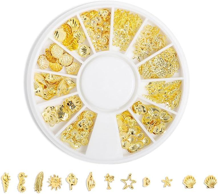 COOSLIM Gold Metallic 3D Pieces Rivet Palm Tree Turtles Marine Life Charms, 12 Styles Nail Art Metal Studs for Summer Beach Ocean Manicure DIY Acrylic Nails Design Supply (Gold Ocean Studs)