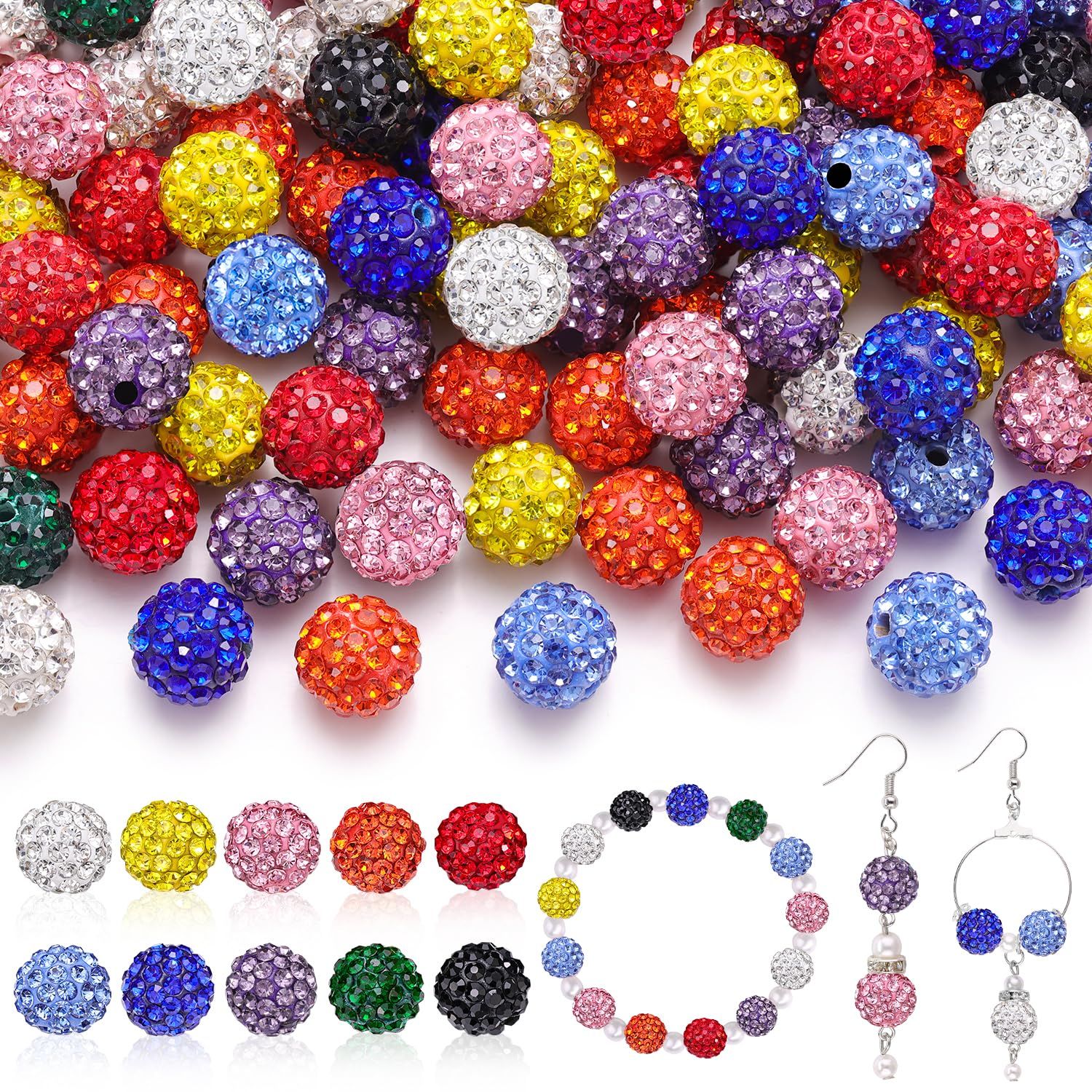 100 Pcs 10 Mixed Colors Rhinestone Beads for Jewelry Making, Sparkle Crystal Clay Christmas for Bracelet Baseball Necklace Earring Crafting and DIY, Shiny Round Shamballa Disco Ball Beads