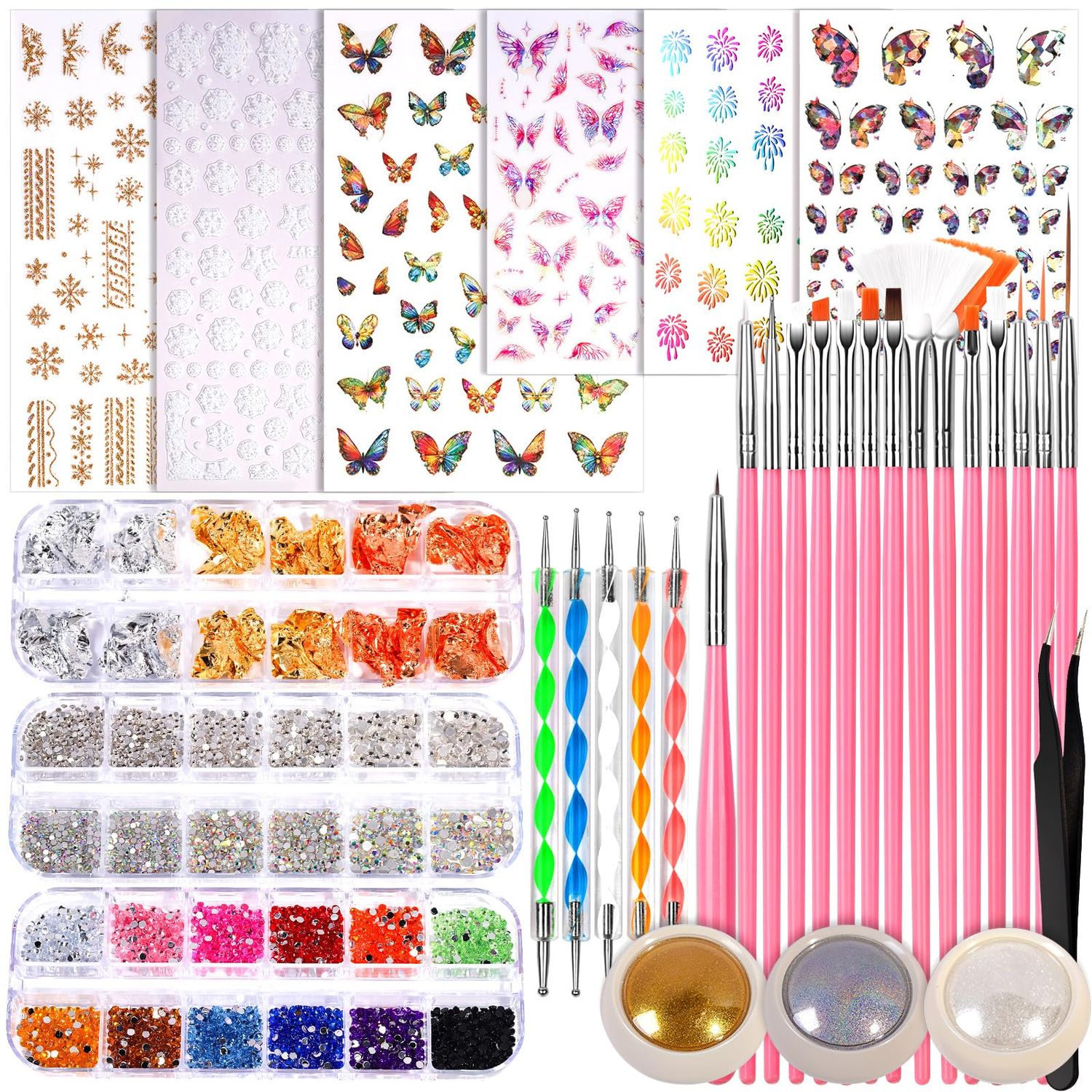 FANDAMEI Nail Design Kit, Nail Art Kit, 15 PCS Nail Brushes For Nail Art, Nail Art Tools, Rhinestones For Nails, Nail Stickers, Pearl Chrome Nail Powder, Chrome Powder For Nails, Nail Design Tools