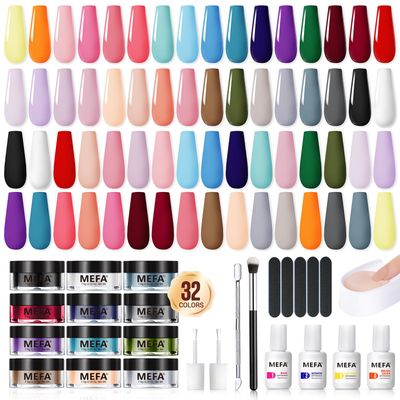 MEFA Dip Powder Nail Kit White Black Nue Brown Red Blue Pink 32 Colors Dipping Powder Classic All Seasons Tones with Base Top Coat Activator Brush Saver Recycling Tray, French Nail Art Manicure Salon