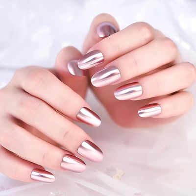 Pink Metal Mirror Press on Nails - iMABC False Nails - Oval Short Length Chrome Designed Finger Daily Wear Nail Acrylic Reusable Full Cover Solid Color Artificial Fake Nails 24pcs