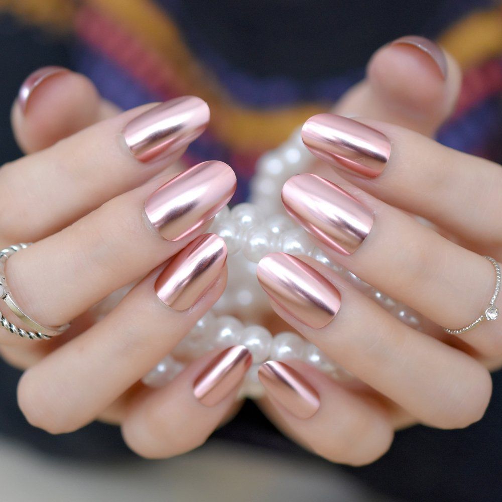 Pink Metal Mirror Press on Nails - iMABC False Nails - Oval Short Length Chrome Designed Finger Daily Wear Nail Acrylic Reusable Full Cover Solid Color Artificial Fake Nails 24pcs