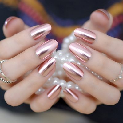 Pink Metal Mirror Press on Nails - iMABC False Nails - Oval Short Length Chrome Designed Finger Daily Wear Nail Acrylic Reusable Full Cover Solid Color Artificial Fake Nails 24pcs