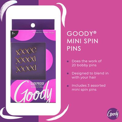 Goody SlideProof Mini Spin Pins - 3 Ct, Assorted Colors, Spiral Hair Pins, Quick & Easy Buns, All-Day Twist Pins, Corkscrew Bobby Pins, Pain-Free Hair Accessories for Women & Men, All Hair Types