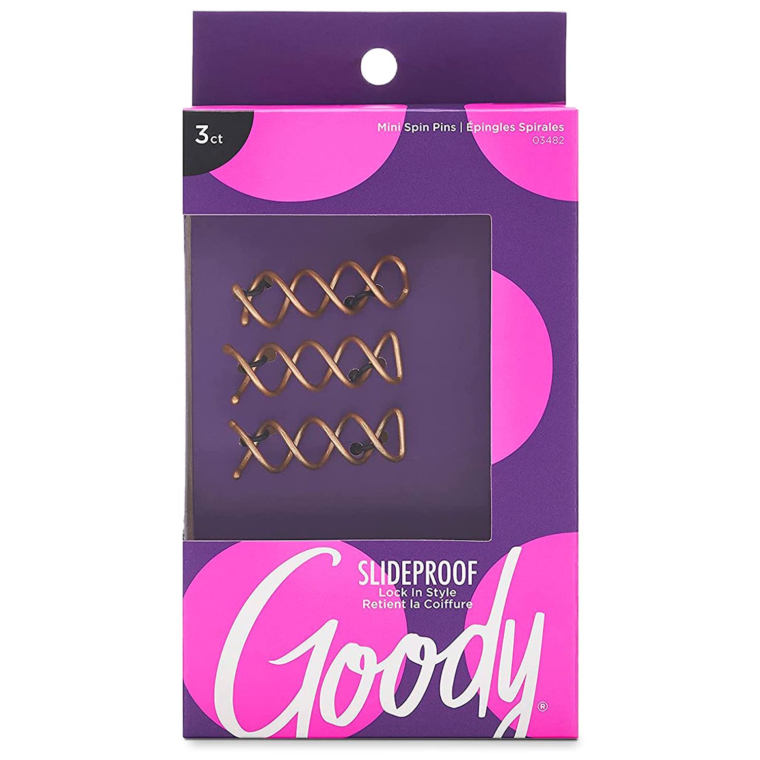 Goody SlideProof Mini Spin Pins - 3 Ct, Assorted Colors, Spiral Hair Pins, Quick &amp; Easy Buns, All-Day Twist Pins, Corkscrew Bobby Pins, Pain-Free Hair Accessories for Women &amp; Men, All Hair Types