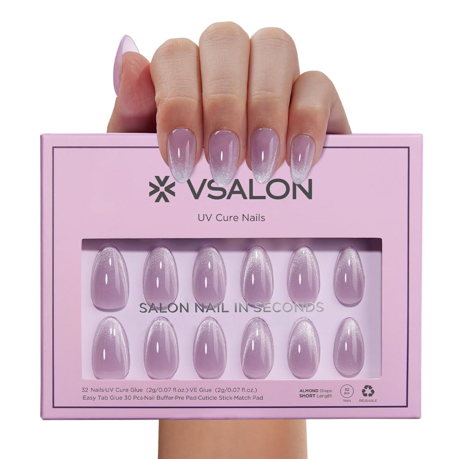 VSALON Press On Nails Short Almond, Lilac French Tip Cat Eye Sparkly Fake Nails with UV Cure Glue, 28 Days Long Lasting No Pop-Off, Semi-transparent Jelly Nails in 16 Sizes - 32 Stick On Nails Kit