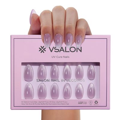 VSALON Press On Nails Short Almond, Lilac French Tip Cat Eye Sparkly Fake Nails with UV Cure Glue, 28 Days Long Lasting No Pop-Off, Semi-transparent Jelly Nails in 16 Sizes - 32 Stick On Nails Kit