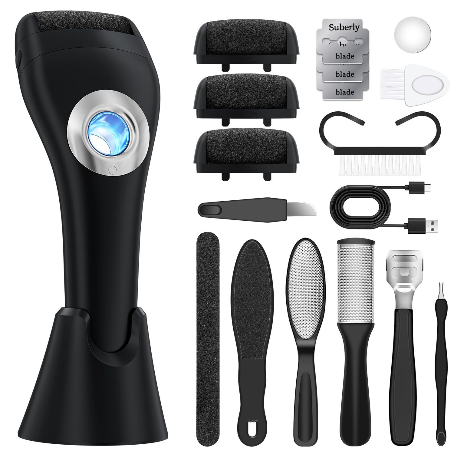 Foot Scrubber Callus Remover for Feet - with Holder &amp; RingLight, Portable Pedicure Kit Foot File Callus Remover, Waterproof Professional Pedicure Tool Foot Care for Deadskin Hard Cracked Dry Skin