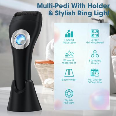 Foot Scrubber Callus Remover for Feet - with Holder & RingLight, Portable Pedicure Kit Foot File Callus Remover, Waterproof Professional Pedicure Tool Foot Care for Deadskin Hard Cracked Dry Skin