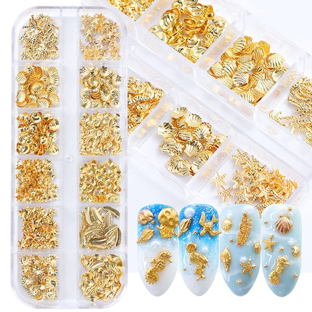 3D Metal Nail Decals - 12 Shapes, Holographic Glitters &amp; Sequins Gold Art Supplies Kit - Seahorse, Leaf, Starfish Nails Charms &amp; Sparkles for Acrylic Designs