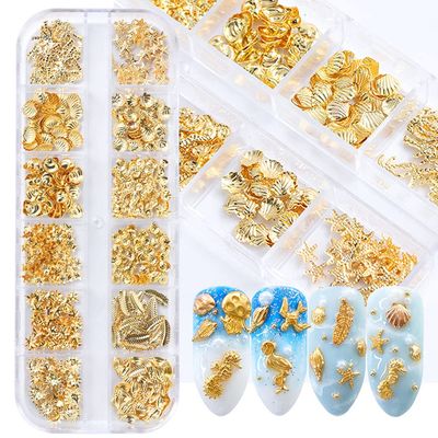 3D Metal Nail Decals - 12 Shapes, Holographic Glitters &amp; Sequins Gold Art Supplies Kit - Seahorse, Leaf, Starfish Nails Charms &amp; Sparkles for Acrylic Designs