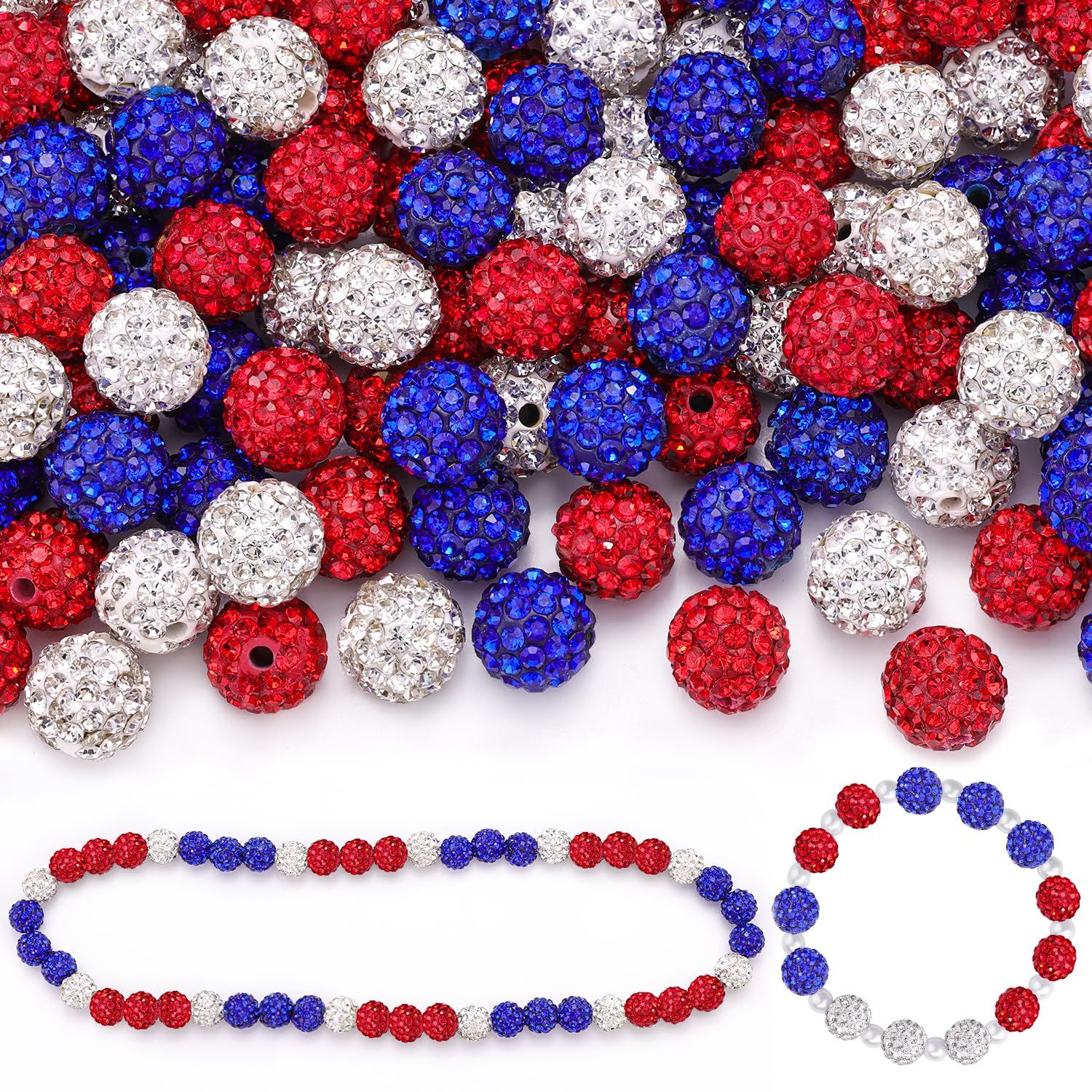 90pcs 10mm Rhinestone Beads for Jewelry Making, RedWhiteDark Blue Shiny Round Shamballa Disco Beads, Sparkle Crystal Clay Christmas for Bracelet Baseball Necklace Earring Crafting and DIY