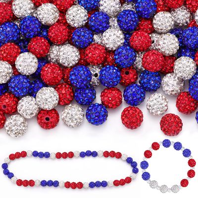 90pcs 10mm Rhinestone Beads for Jewelry Making, RedWhiteDark Blue Shiny Round Shamballa Disco Beads, Sparkle Crystal Clay Christmas for Bracelet Baseball Necklace Earring Crafting and DIY