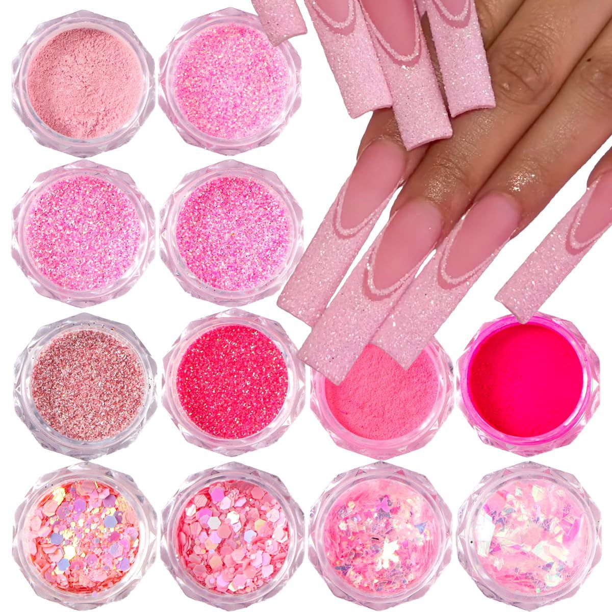 Pink Nail Glitter Powder, 12pcs Nail Art Sequins Dust Set, Holographic Paillette Sparkle Flakes for Acrylic Tips Manicure Decorations