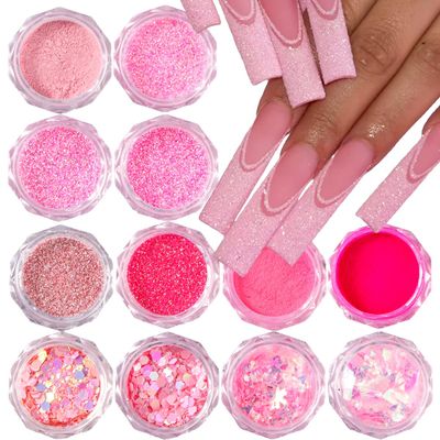 Pink Nail Glitter Powder, 12pcs Nail Art Sequins Dust Set, Holographic Paillette Sparkle Flakes for Acrylic Tips Manicure Decorations