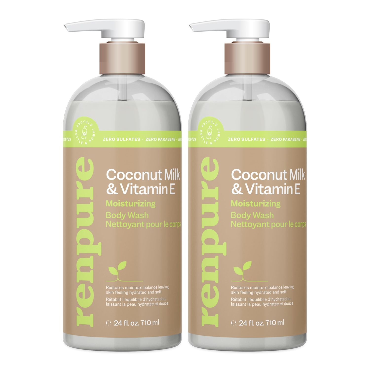 Renpure Coconut Milk &amp; Vitamin E Moisturizing Body Wash - Gently Cleanses &amp; Restores Moisture Balance - For Soft, Hydrated &amp; Healthy-Looking Skin - With Coconut Oil &amp; Vitamin E - 24 Fl Oz, 2 Pack