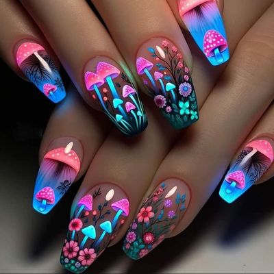 CJDLTS Mushroom Press on Nails Medium Ballet Shaped False Nails Fantasy Mushrooms and Flower Pattern Design Glitter Nails Full Cover Colorful Stick on Nails Artificial Acrylic Press Nails for Women