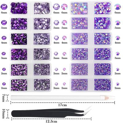 AUREHEN 15000PCs 2-6MM Purple Series Resin Flat Back Rhinestones, Round Non Hotfix Jelly &amp; Silver Bottom Resin Rhinestones Nail Gems Stones with Tweezer &amp; Picker Pen for Nail Art Tumblers &amp; DIY Crafts