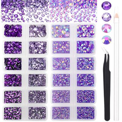 AUREHEN 15000PCs 2-6MM Purple Series Resin Flat Back Rhinestones, Round Non Hotfix Jelly &amp; Silver Bottom Resin Rhinestones Nail Gems Stones with Tweezer &amp; Picker Pen for Nail Art Tumblers &amp; DIY Crafts