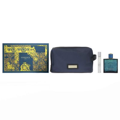 Gianni Versace Eros 3 Pc. Gift Set (Eau De Toilette Spray 3.4 Ounce Eau De Toilette Spray 0.3 Ounce Versace Blue Trousse) for Men, 3.4 Fl Ounce