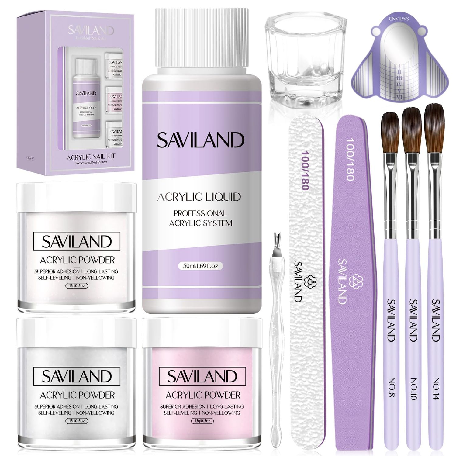 Saviland Acrylic Nail Kit for Beginner - 15g Clear/White/Pink Acrylic Powder and Liquid Set with Acrylic Nail Brush Nail Forms Glass Dappen Dish Easy to Use Starter Acrylic Nail Kit for Home DIY