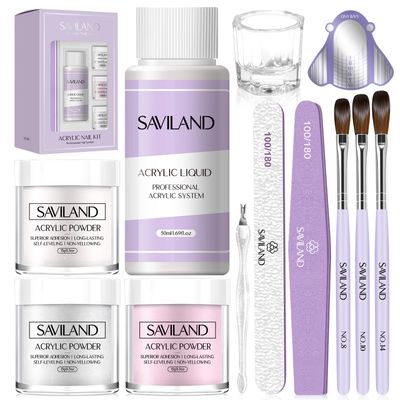 Saviland Acrylic Nail Kit for Beginner - 15g Clear/White/Pink Acrylic Powder and Liquid Set with Acrylic Nail Brush Nail Forms Glass Dappen Dish Easy to Use Starter Acrylic Nail Kit for Home DIY